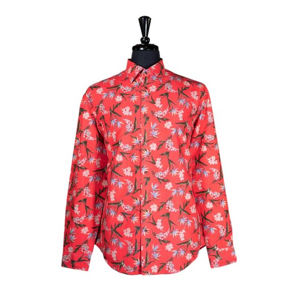 Mens Shirt Button Up Red Orange Floral Summer Tropical Hawaiian Beach Large - Picture 1 of 7
